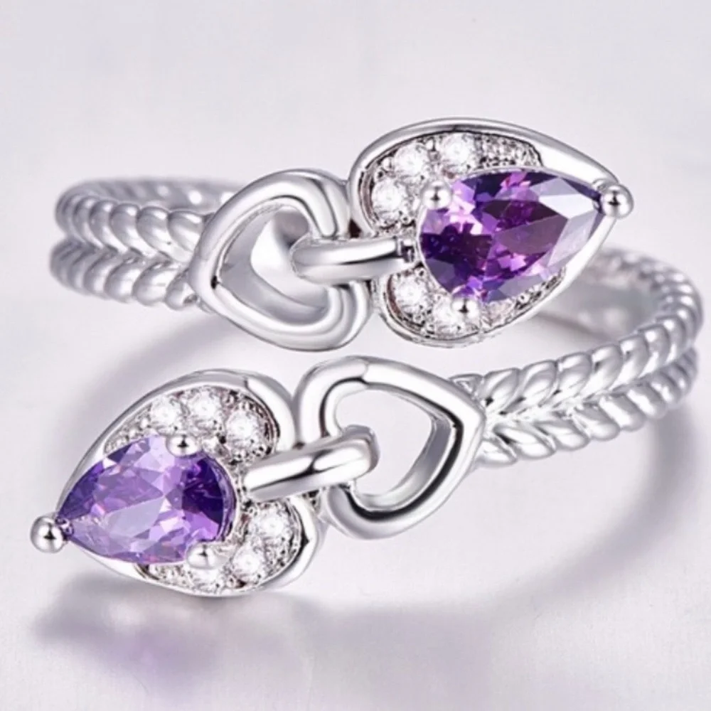 New S925 Sterling Silver Purple Amethyst & Morganite Heart Tear Drop Ring